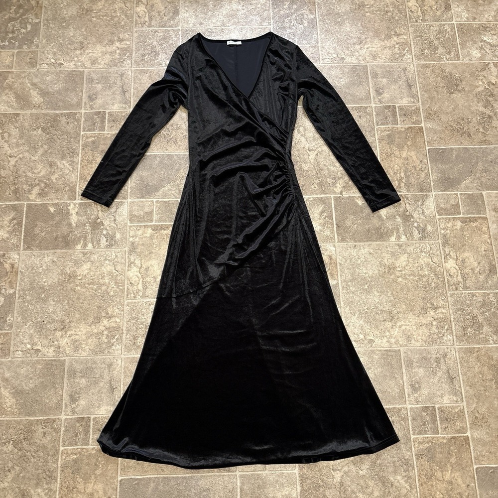 Velvet Wrap Maxi Dress Large Black Ruched Halloween Costume Goth Vamp Cosplay